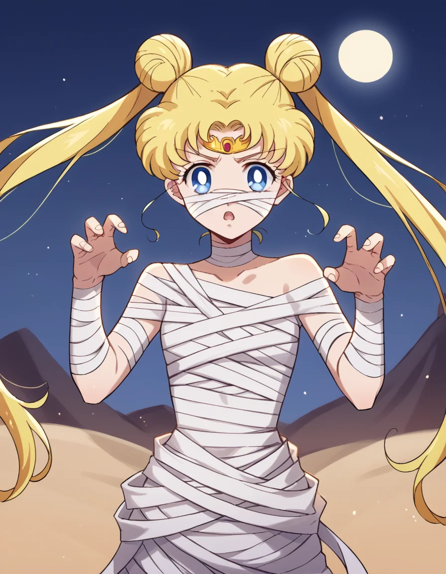 score_9, score_8_up, score_7_up, source_anime, <lora:usagi-tsukino-eternal-movie1-ponyxl-lora-nochekaiser:1>, usagi tsukino, blonde hair, blue eyes, double bun, hair bun, hair ornament, long hair, twintails, circlet, parted bangs,, <lora:mummy-costume-ponyxl-lora-nochekaiser:1>, mummy costume, bandages, halloween costume, bandaged arm, zombie pose, bandage on face,, desert, moon, night, open mouth,, cowboy shot