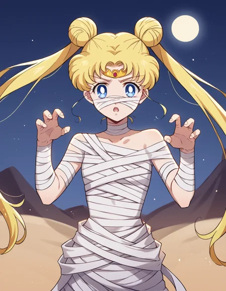 score_9, score_8_up, score_7_up, source_anime, <lora:usagi-tsukino-eternal-movie1-ponyxl-lora-nochekaiser:1>, usagi tsukino, blonde hair, blue eyes, double bun, hair bun, hair ornament, long hair, twintails, circlet, parted bangs,, <lora:mummy-costume-ponyxl-lora-nochekaiser:1>, mummy costume, bandages, halloween costume, bandaged arm, zombie pose, bandage on face,, desert, moon, night, open mouth,, cowboy shot