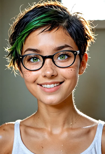 score_9, score_8_up, score_8, Photorealistic, real photo, void background, god rays, 1girl, 20 years old woman, (masterpiece),(Realistic photo),(sharp focus),(High quality),(RAW photo 8k),(Photograph),Ultra detailed realistic skin texture), (realistic skin pores), realistic, 1girl, cute perfect face, realistic, 1girl, inocent face, black hair, two tone hair, green hair, pixie hair cut, square frame glasses, tan skin, green eyes, cross eyed, freckles, blush, pouty lips, big round eyes, tan skin, Narrow shoulders, (disappointed smile ,unimpressed)