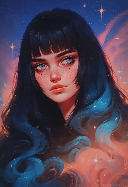 score_9, score_8_up, score_7_up, score_6_up, VitWaterStyle, 1girl, close-up, partial face, large blue eyes, long lashes, black hair, bangs, glossy lips, freckles, pink and blue sparkles on face, looking to the side, detailed, soft lighting, ethereal glow, dreamy atmosphere