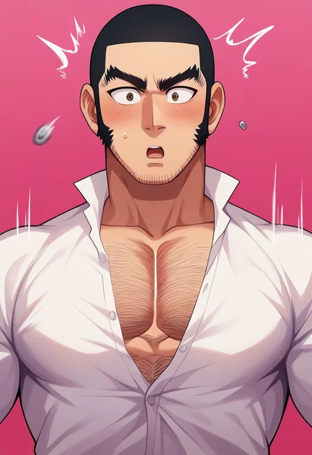 score_9, score_8_up, score_7_up, score_6_up, perfect anatomy, perfect proportions, best quality, masterpiece, high_resolution, high quality, best quality, best aesthetic, incredibly absurdres, highres, extremely detailed, huge filesize, male focus, solo male, adult, mature, masculine, manly, handsome, charming, alluring, portrait, headshot, dutch angle, source_anime, anime coloring, Genjirou Tanigaki, GKGenjirou, black hair, short hair, buzzcut, dark brown eyes, thick eyebrows, long sideburns, facial hair, chinstrap stubble, jawline stubble, Genjirou_outfit06, white tunic collar shirt, long sleeves, partially unbuttoned, chest hair, bashful, blush, steamy, pink theme, <lora:flying-button-ponyxl-lora-nochekaiser:1>, flying button, popped button, bursting pecs, wardrobe malfunction, button gap, surprised, motion blur, shirt, cleavage, motion lines, ?!, motion lines,