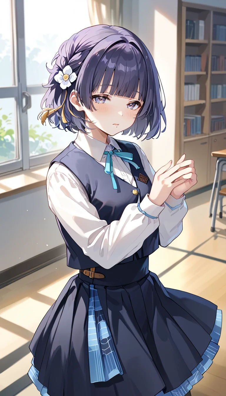 score_9,score_8_up,score_7_up,
official art,official style,game cg,megami magazine,
uncensored,
1girl,solo,
htymsz,hataya misuzu,hatsuboshi gakuen school uniform,
purple eyes,purple hair,short hair,violet eyes,white flower,braid,flower,hair flower,hair ornament,
collared shirt,dress shirt,aqua ribbon,black skirt,black socks,black vest,blue bow,
blue bowtie,blue eyes,blue ribbon,blue skirt,blue vest,blunt bangs,
long sleeves,mole,mole under mouth,neck ribbon,pleated skirt,
ribbon,school uniform,shirt,skirt,vest,white shirt,
<lora:hataya_misuzu_gakuen_idolmaster_pony_v1:1>,