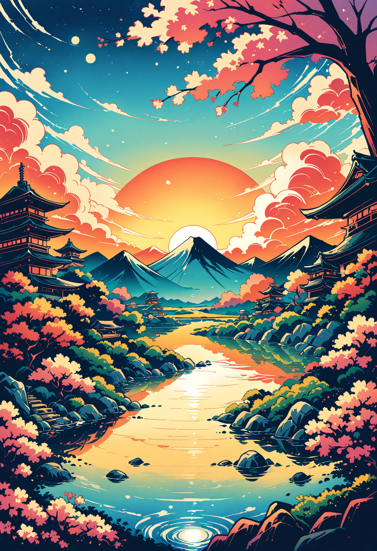 detailed landscape,  japanese landscape, cherry blossom, water source, rocks, big sun, clous hover sun, japanese garden, reflection, sunrise, mountains, vector style, flat, masterpiece, best quality, very aesthetic, absurdres, <lora:add-detail-xl:1>,  <lora:MJ52:0.25>, <lora:SDXLFaeTastic2400:0.7>