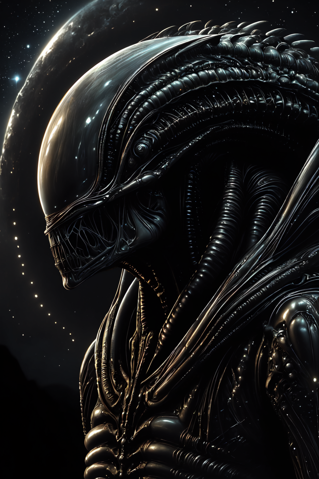 ((masterpiece, best quality)), illustration, graphic novel, science fiction, horror, fantasy, portrait of an alien creature, galactic night sky background,
<lora:tbh295-:0.7> style of H.R. Giger, 
<lora:XenomorphDNA:0.9> xenomorphdna,