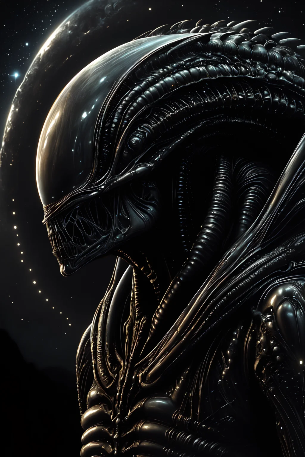 ((masterpiece, best quality)), illustration, graphic novel, science fiction, horror, fantasy, portrait of an alien creature, galactic night sky background,
<lora:tbh295-:0.7> style of H.R. Giger,
<lora:XenomorphDNA:0.9> xenomorphdna,