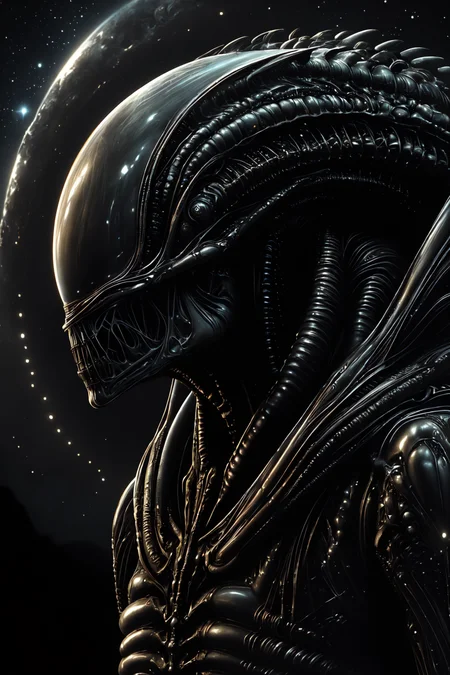 ((masterpiece, best quality)), illustration, graphic novel, science fiction, horror, fantasy, portrait of an alien creature, galactic night sky background,
<lora:tbh295-:0.7> style of H.R. Giger, 
<lora:XenomorphDNA:0.9> xenomorphdna,