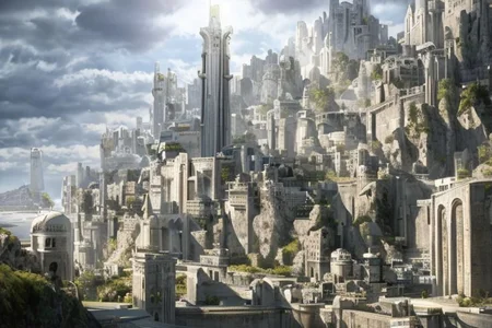 "A windswept hilltop overlooking the sprawling city of Minas Tirith, where white towers gleam in the sunlight and the banners of Gondor flap defiantly in the breeze, as brave warriors prepare for the coming storm and the fate of Middle-earth hangs in the balance. Majestic, defiant, grand, epic, resolute, fortified." Numenor
