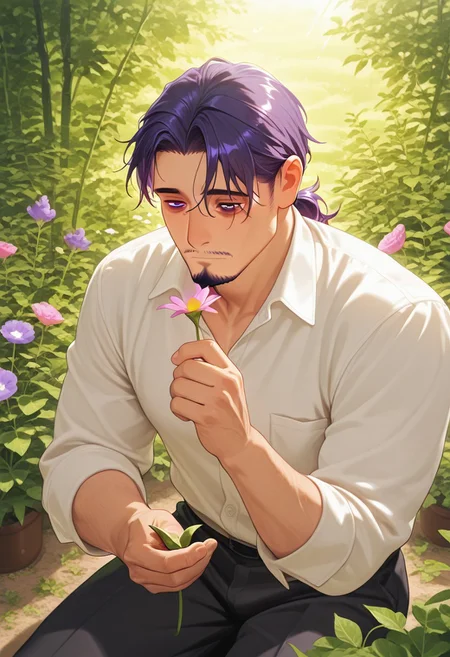 1boy, mbti_intp, mature man, purple eyes, droopy eyes, eye bags, tied hair, goatee, kneeling in a lush garden, examining a flower, wearing a comfortable linen shirt, soft sunlight filtering through leaves, surrounded by vibrant flora, a gentle and curious expression, natural and charming aesthetic, detailed botanical elements