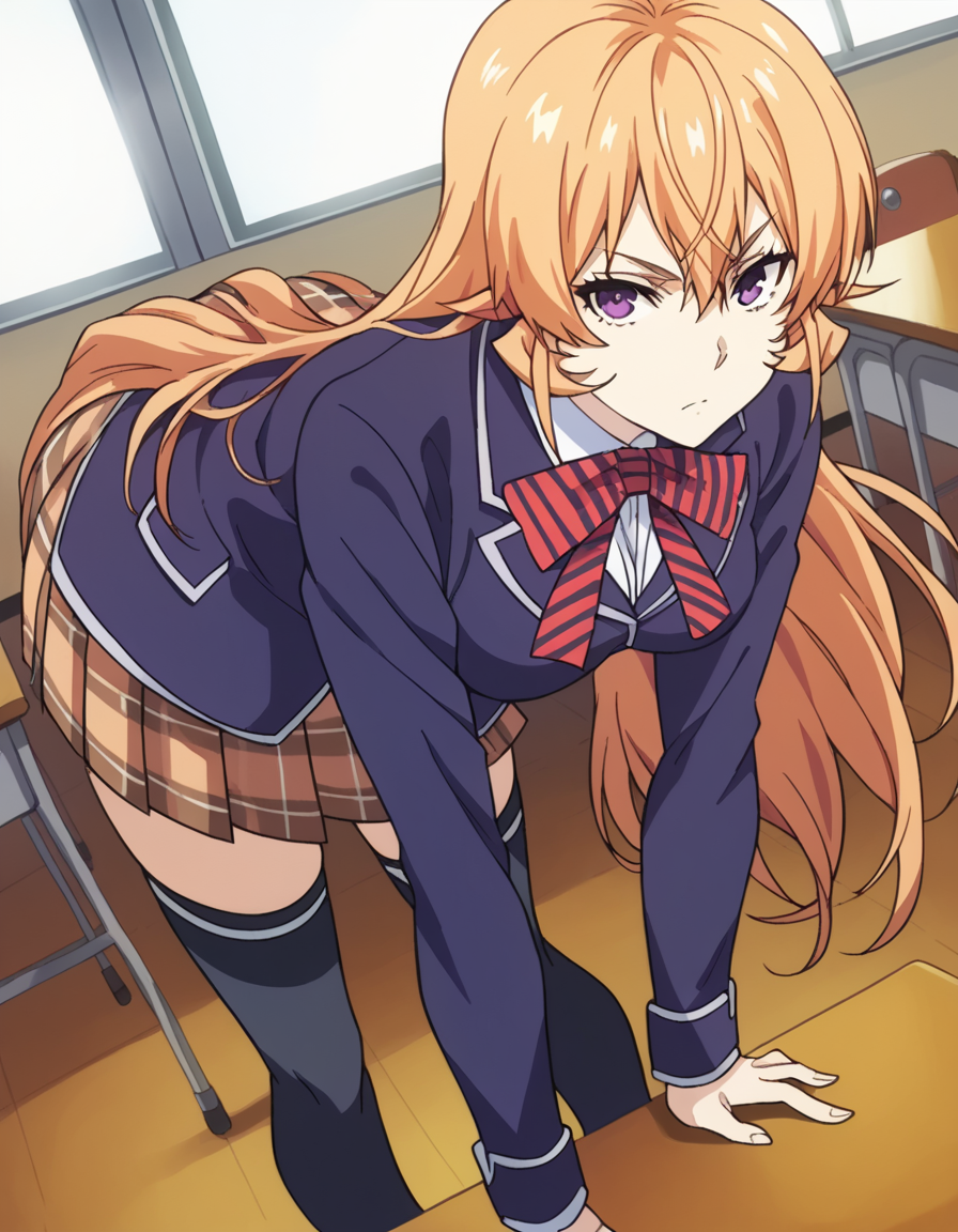 score_9, score_8_up, score_7_up, source_anime,
erinanakiri, <lora:erina-nakiri-s1-ponyxl-lora-nochekaiser:1>,
erina nakiri, long hair, orange hair, purple eyes, hair between eyes,
skirt, thighhighs, bow, school uniform, jacket, pleated skirt, shoes, black thighhighs, zettai ryouiki, plaid, plaid skirt, blazer,
indoors, classroom, bent over,
looking at viewer, cowboy shot, dutch angle, solo,
