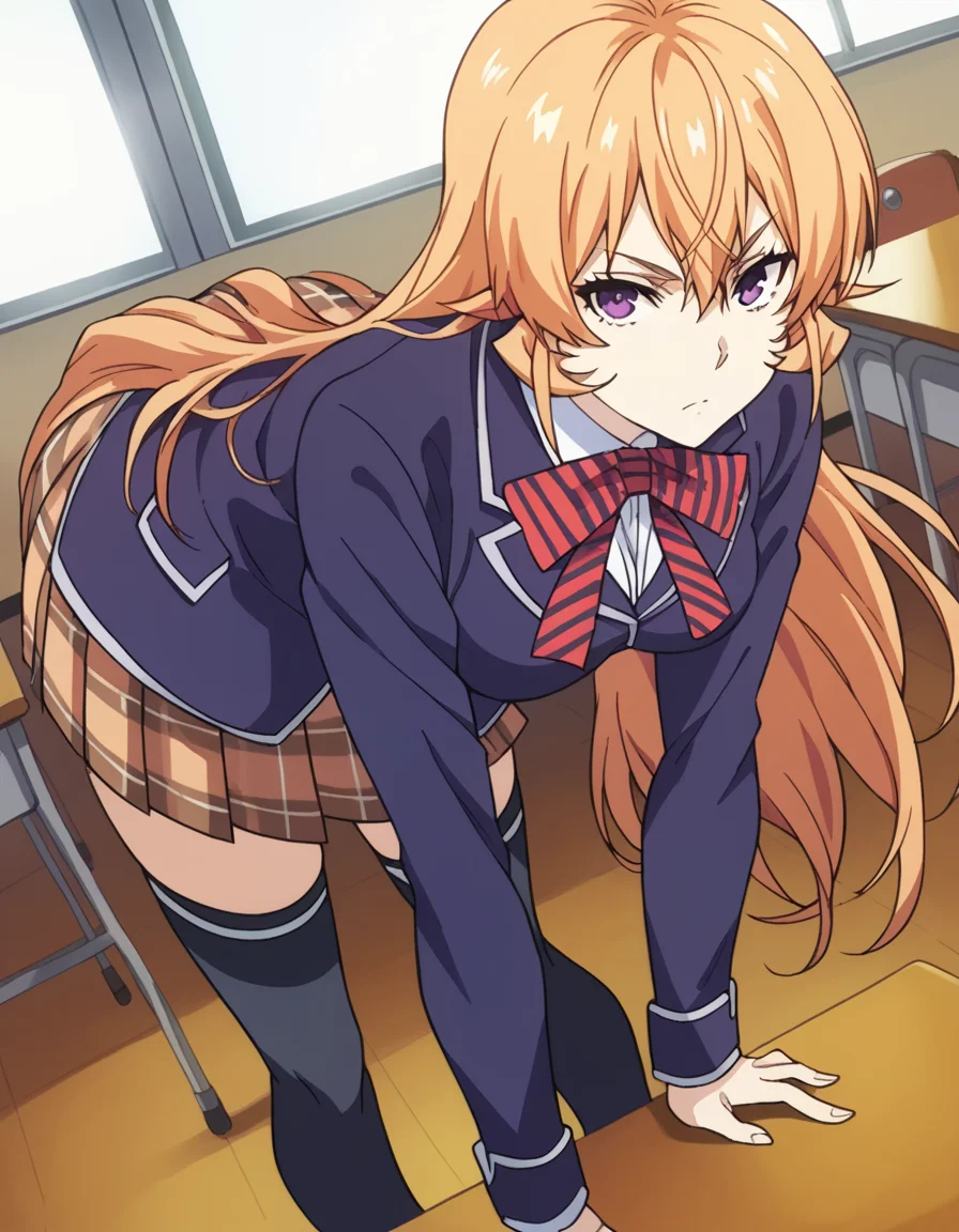 score_9, score_8_up, score_7_up, source_anime,
erinanakiri, <lora:erina-nakiri-s1-ponyxl-lora-nochekaiser:1>,
erina nakiri, long hair, orange hair, purple eyes, hair between eyes,
skirt, thighhighs, bow, school uniform, jacket, pleated skirt, shoes, black thighhighs, zettai ryouiki, plaid, plaid skirt, blazer,
indoors, classroom, bent over,
looking at viewer, cowboy shot, dutch angle, solo,