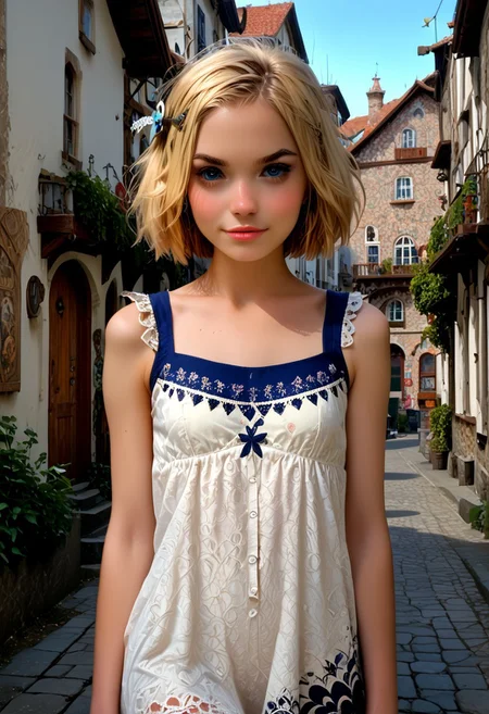 score_9_up, score_8_up, score_7_up, 1girl, solo, Maja Grunzeug, blonde hair, hair ornament, short hair, standing still, town, cute, waving at viewer, front facing, detailed background, girl focus, realistic , ExpresHGothicNeonIncase