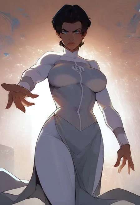 score_9,score_8_up,score_7_up,
anissaxl,black hair,blue eyes,short hair,from below,
white bodysuit,long sleeves,white pants,short pelvic curtain, milf,
floating, looking at viewer, toned body, sexy, pale, alluring, raw lighting, glare, focus on tits, big breasts, detailed,
<lora:anissa:1>,sexy girl, mature female, (large breasts:1.3), different poses, detailed background, correct fingers, anissa from invincible, viltrumite logo, correct hands, golden hour, medium hair