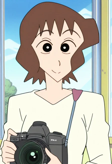 best quality, masterpiece, anime screencap, anime coloring, ultra detailed, source_anime, intricate details, perfect anatomy, looking at viewer, upper body,
musae, 1girl, brown hair, short hair, black eyes, breasts,
camera, window, holding, parody, sky, from wide,
happy, smile,