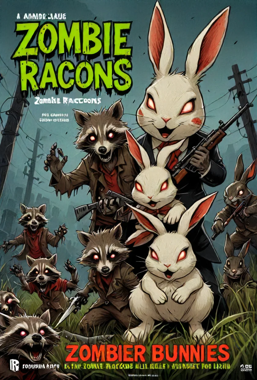 book cover title "Zombie Raccoons & BREAK Killer Bunnies", <lora:cinexart:0.5>, <lora:wizards_vintage_romance:0.6>, <lora:Harrlogos_v1.1:0.8>, <lora:Devil_animals_XL:0.8>