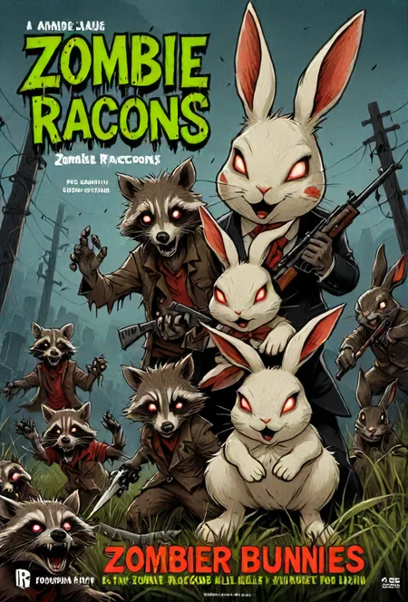 book cover title "Zombie Raccoons & BREAK Killer Bunnies", <lora:cinexart:0.5>, <lora:wizards_vintage_romance:0.6>, <lora:Harrlogos_v1.1:0.8>, <lora:Devil_animals_XL:0.8>