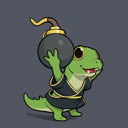 score_9, score_8_up, score_7_up, score_6_up, rating_safe, <lora:prikkiki-ti:0.8> prikkikiti, green skin, nostrils, lizard tail, black kimono, loose clothes, reptile, bracelet, <lora:paper_mario_style:1> paper_mario_style, holding bomb, bomb, solo