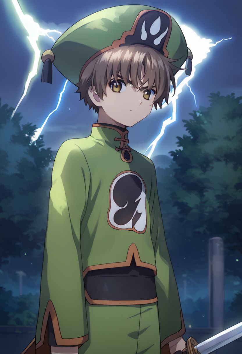 score_9,score_8_up,score_7_up,source_anime,looking at viewer, solo, 1boy, upper body,Li Syaoran, brown hair, yellow eyes, chinese clothes,green headwear, upper body, outdoors, night, glaring, holding sword, talisman, lightning