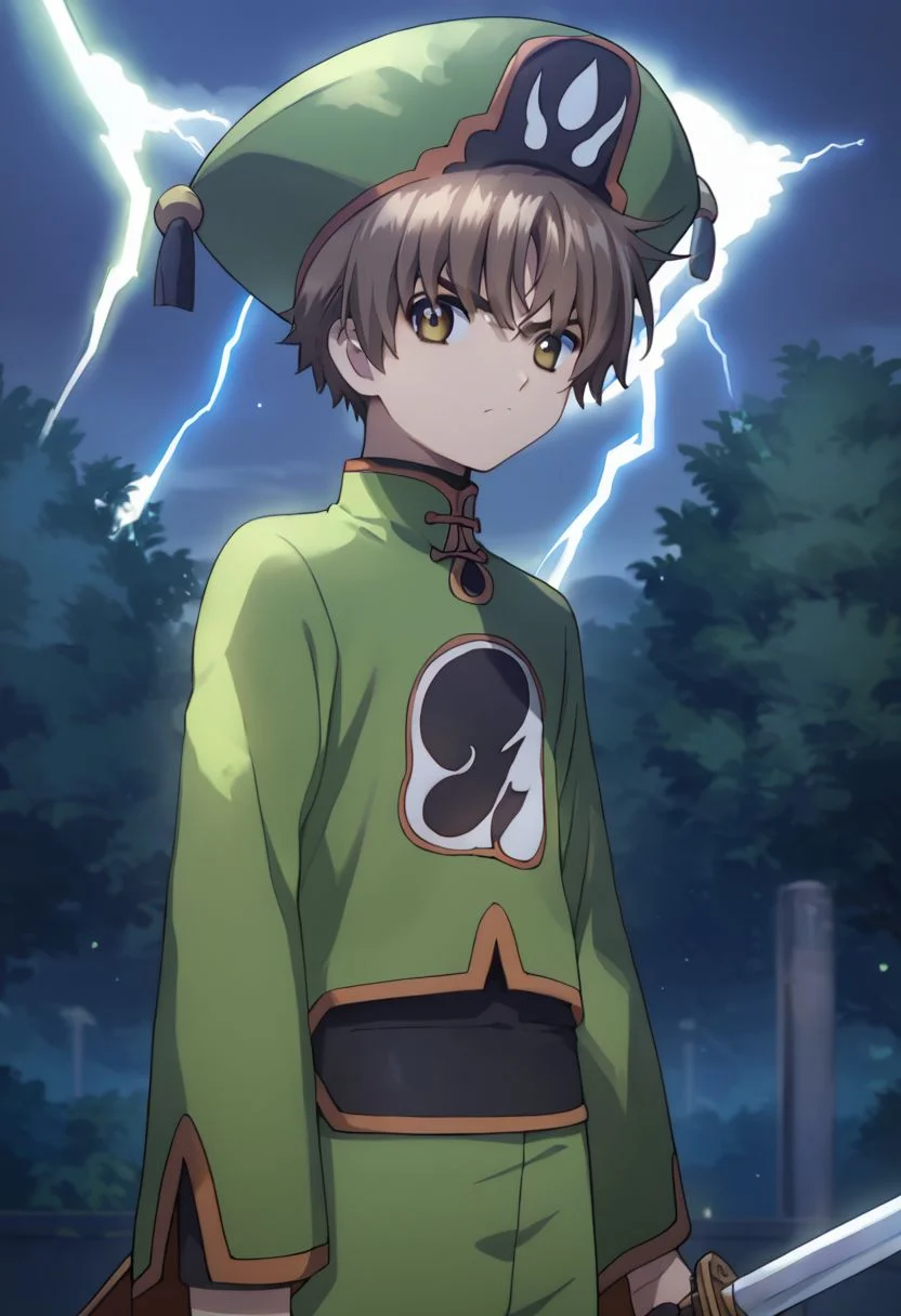 score_9,score_8_up,score_7_up,source_anime,looking at viewer, solo, 1boy, upper body,Li Syaoran, brown hair, yellow eyes, chinese clothes,green headwear, upper body, outdoors, night, glaring, holding sword, talisman, lightning