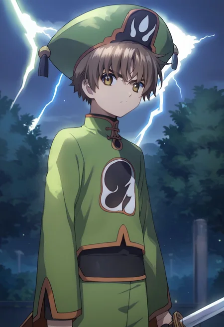score_9,score_8_up,score_7_up,source_anime,looking at viewer, solo, 1boy, upper body,Li Syaoran, brown hair, yellow eyes, chinese clothes,green headwear, upper body, outdoors, night, glaring, holding sword, talisman, lightning