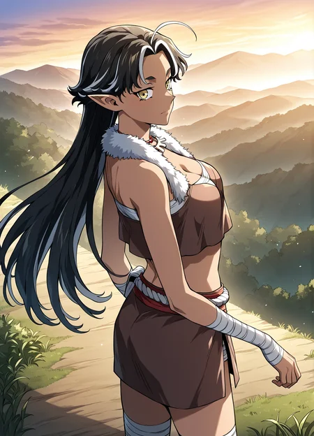 <lora:Aiyen__Revenge_of_the_Iron-Blooded_Sword_Hound__Illustrious:1>
Aiyen_v3, no tattoos, 1 girl, solo, tan skin, golden eyes, long black hair with white highlights, elf ears, sharp ears, ahoge, tribal face paint,
primitive warrior outfit, brown top, deep cleavage, fur collar, bone necklace, brown skirt, cloth belt, bandage wrap feet, bandaged arms, bandaged legs,
score_9, score_8_up, score_7_up, source anime, BREAK, cowboy shot, (from side), looking back, looking at viewer, overlooking mountain, high altitude, scenery, exterior, background