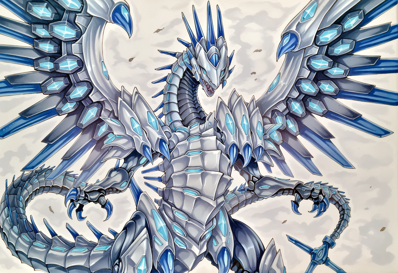 (score_9:0.9),score_8_up,score_7_up,rating_safe,anime style,(zPDXL),(zPDXL3),
<lora:blue eye chaos max dragon ponyXL v1.2:0.79>,mecha dragon,blue eye chaos max dragon, solo, standing, sharp teeth, traditional media, looking at viewer, spread wings, no iris