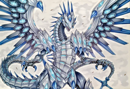 (score_9:0.9),score_8_up,score_7_up,rating_safe,anime style,(zPDXL),(zPDXL3),
<lora:blue eye chaos max dragon ponyXL v1.2:0.79>,mecha dragon,blue eye chaos max dragon, solo, standing, sharp teeth, traditional media, looking at viewer, spread wings, no iris