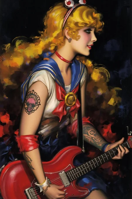 rolfarmstrong1 illustration.
Punk sailor moon, shown in side profile, turning her head to the right, playing a guitar at a heavy metal mosh pit, tattoos, piercing.
<lora:rolfarmstrong1_cap_d8a4:1.0><lora:862787729140782498:0>