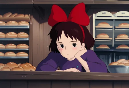 score_9, score_8_up, score_7_up, score_6_up, score_5_up, score_4_up, Expressiveh, ghibli_style, source_anime, anime_coloring, wide shot, BREAK
1girl, solo, majokiki, Kiki, very dark violet dress, red bow, hairband, hair bow, blush, dark brown hair, black eyes, cute, narrow shoulders, sitting on a wooden stool, bored, head rest on one hand, bored expression, working, seated at the counter of a bakery, cash register, wooden building, European bakery, shelves with loaves of bread