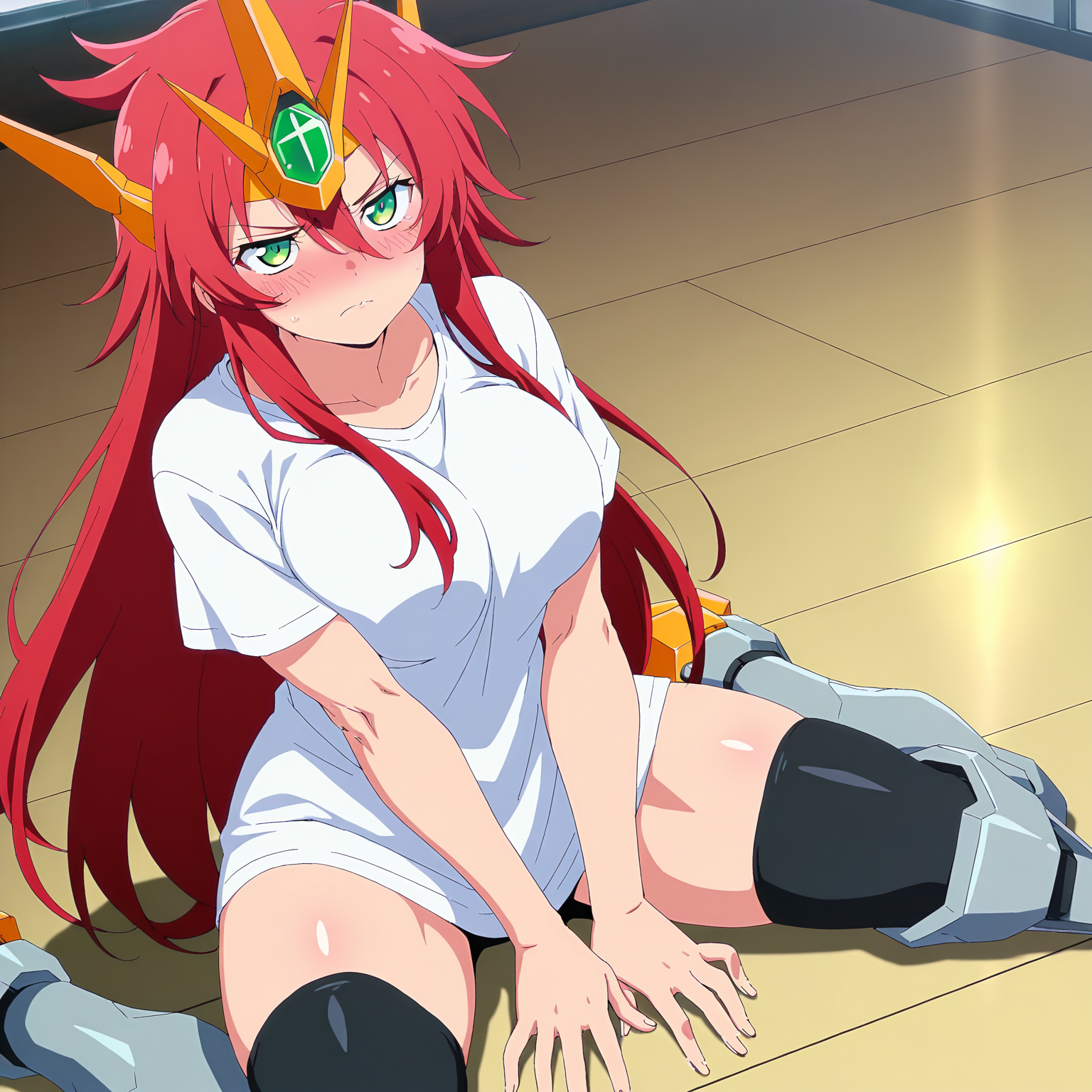 masterpiece, best quality, amazing quality, anime screencap, 1girl, solo, sitting, on floor, wariza, , serious, embarrassed, annoyed, <lora:ValsioneR:0.9>, ValsioneR, long hair, red hair, green eyes, large breasts, toned female, mecha musume, headpiece, t-shirt, zettai ryouiki,