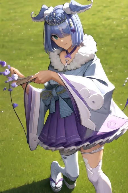 solo, 1girl, solo_focus, (((masterpiece))), ((best quality)), ((ultra-detailed)), high resolution, absurdres, highres, ultra-detailed 8k unity wallpaper,
elira2st, tiara, japanese clothes, grey kimono, wide sleeves, single thighhigh, purple skirt, off shoulder, necklace, fur trim, thigh strap, tabi, sandals, purple nails