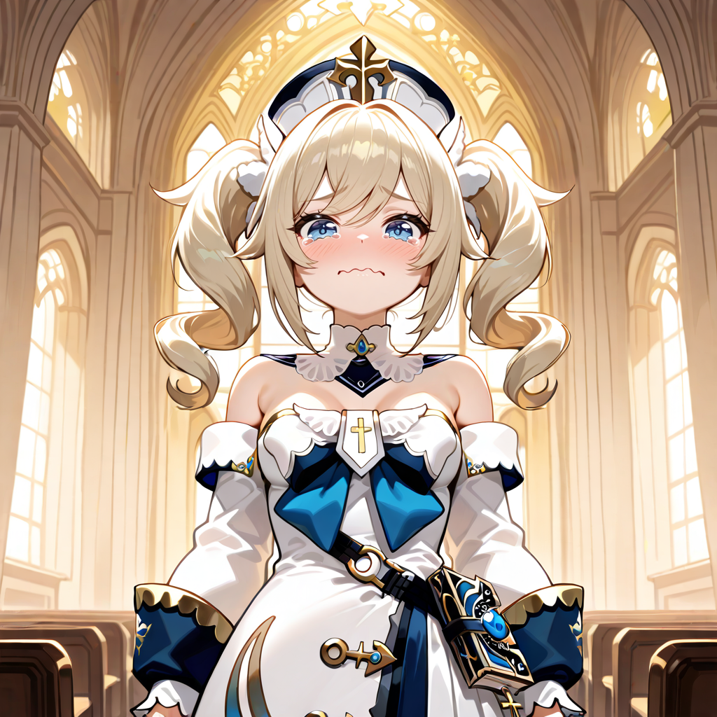 HDA_MasterpieceXLclassic, indoors, church,  <lora:Barbara_-_Genshin_Impact_Illustrious:0.8>  Barbarail, dress, skirt, detached sleeves, detached collar, <lora:concept_aquacrying_ponyXL:1> aquacrying, wavy mouth, closed mouth, tearing up