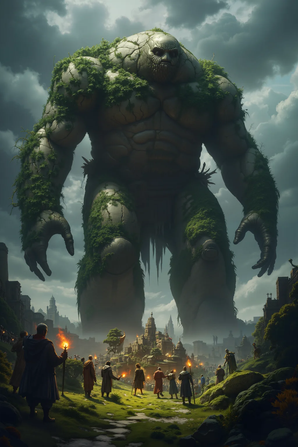 An enormous stone golem, towering over a small village. The golem is ancient, with moss and vines growing all over its cracked surface, and it appears to be slowly awakening. Villagers gather in awe and fear, holding torches and farming tools as they watch the colossus move. The scene is both majestic and terrifying, with dark clouds gathering in the sky. illustration, fantasy, epic scale, dark atmosphere, detailed, dramatic lighting