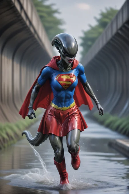 female xenomorph, realistic artwork of a xenowaifu, grey skin, wearing a supergirl costume with red cape and skirt and boots, blue t-shirt, black lips <lora:female_xenomorph_sdxl_V2:0.85> (tail up:1.2), running in sewerage canal, water splashes, bokeh