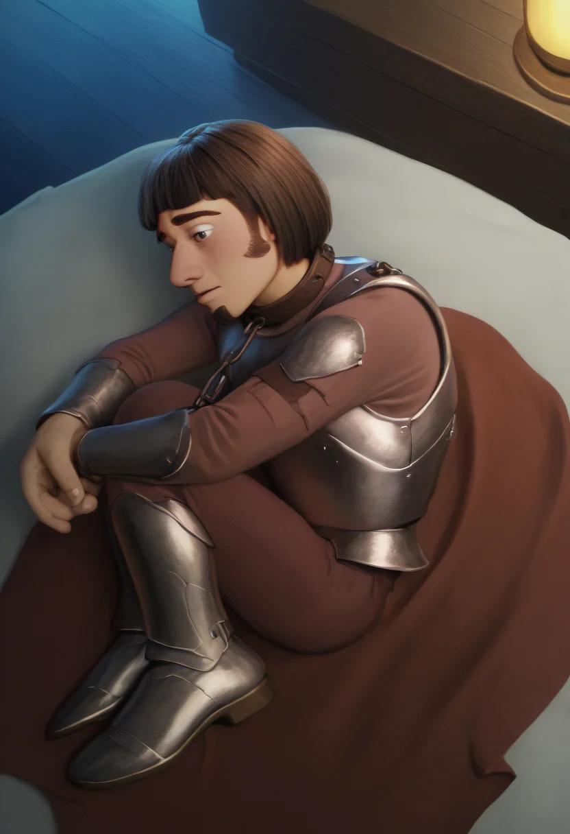 1727C6CDDF61, score_9, score_8_up, detailed, realistic, highres BREAK 1boy, solo, male, HuiBuh, bob cut, blunt bangs, dark brown hair, thick eyebrows, goatee, metal collar, armor, chain, breastplate, full body, fetal position, bed, dark, night, backlight <lora:fetal_position_pony> <lora:hui_buh>