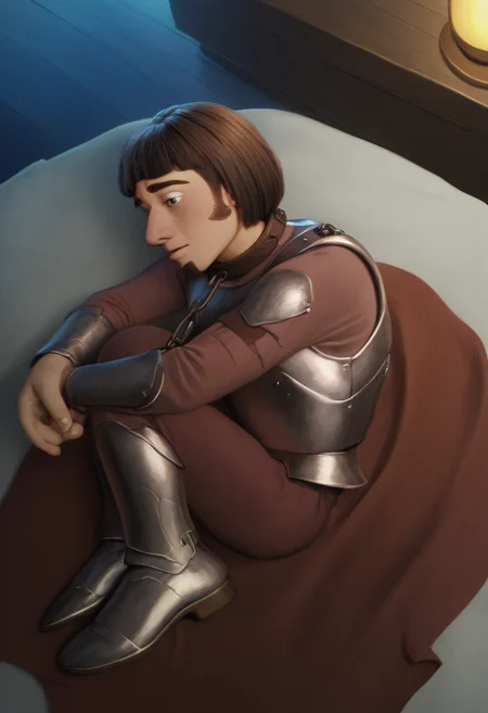 1727C6CDDF61, score_9, score_8_up, detailed, realistic, highres BREAK 1boy, solo, male, HuiBuh, bob cut, blunt bangs, dark brown hair, thick eyebrows, goatee, metal collar, armor, chain, breastplate, full body, fetal position, bed, dark, night, backlight <lora:fetal_position_pony> <lora:hui_buh>