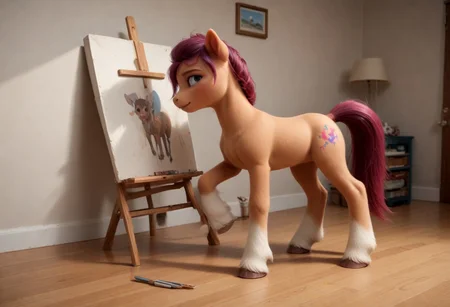 score_9, score_8_up, score_7_up, score_6_up, score_5_up, score_4_up, sunny starscout,
earth pony, pegasus pony, g5, inside, rich colors, artist workshop, presents a painting of rabbits, aroused, front view, detailed background, pony, solo, detailed, 8k quality, side view, beautiful, teasing, easel and brushes, leaned to the floor, close up,