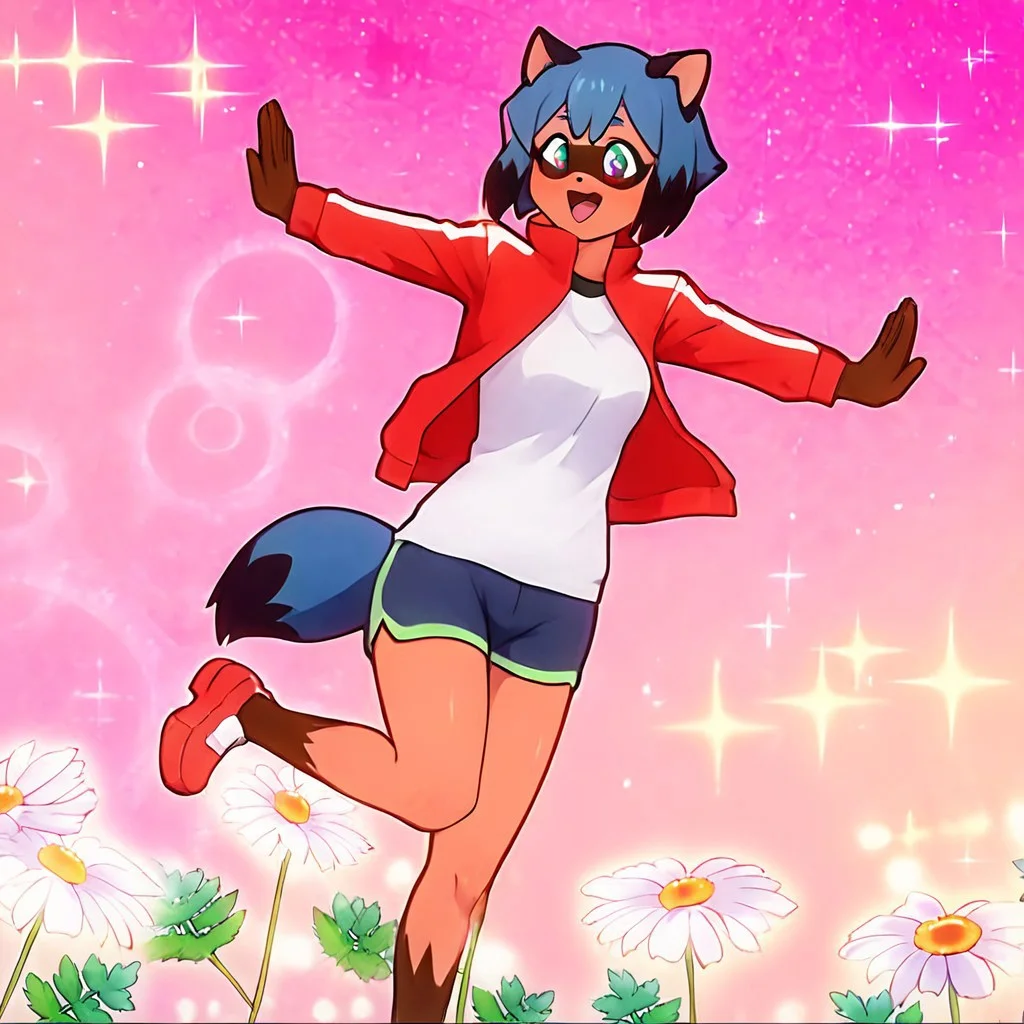 score_9, score_8_up, score_7_up, score_6_up, score_5_up, score_4_up, michiru kagemori, short hair, black hair, animal ears, blue hair, multicolored hair, furry, furry female, raccoon ears, body fur, raccoon girl, raccoon tail, tail, shirt, jacket, white shirt, shorts, red jacket, blue shorts, track jacket, 1girl, alone, masterpiece, highres, highly detailed face, <lora:Jujutsu_meme_face:1>, open mouth, arms outstretched, tilted torso, open hand gesture, leaning forward, one leg raised, pink gradient background, sparkles, bokeh effect, flowers, soft lighting