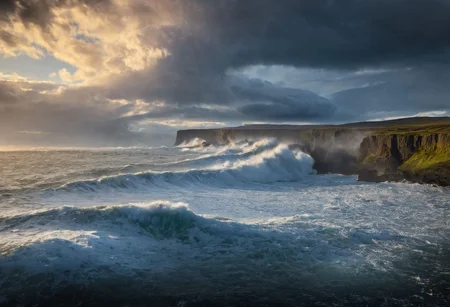 sunny with towering clouds, Icelandic cliff with giant tsunami waves, enhance the water element