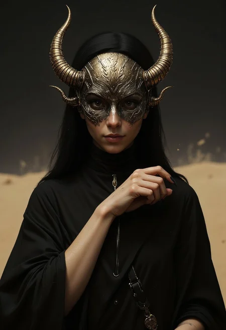 S1n0z1ck style, extreme Closeup of a beautiful nun in a traditional nun’s habit, but wearing a old Smiling egypt iron mask. The mask shows intricate, Sci-fi details with sharp edges and deep relief. The lighting is cinematic, casting deep shadows on her face, emphasizing the dark nature of the mask. Hyperrealistic extreme closeup, capturing every fine detail with insane clarity, shot with a 64 megapixel DSLR in a vintage atmosphere. Detailed skin, detailed photorealistic eyes, volumetric lighting, cat-pose, both of her hands are raised in front of her face, clenched into fists, adding a dynamic edge to her posture. Standing amidst a Desert storm in the Heat of the dunes, floating particles, photorealistic, atmospheric lighting, volumetric Sand Clouds,