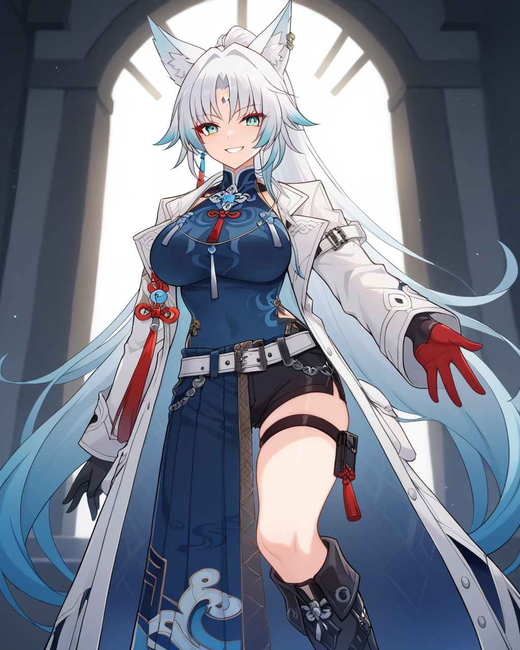 score_9, score_8_up, score_7_up, <lora:SH_HSR_Feixiao_Civ-000006:0.7>, SH_HSR_Feixiao, Feixiao, 1girl, evil grin,  looking at viewer, red eyeliner, makeup,  forehead mark,white hair, very long hair, gradient hair, blue hair tips, ponytail, aquamarine eyes, animal ears, white coat,open coat,long sleeves,belt,open clothes, big breasts, dress, black shorts, bangs, knee boots, thigh strap, parted bangs, black footwear, tassel, blue dress, tassel earrings, blue shirt,gloves,red fingers, chinese clothes
