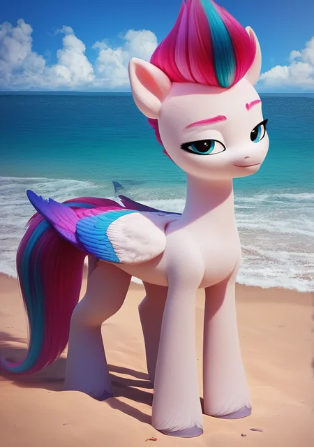 score_9, score_8_up, score_7_up, my little pony, solo, pony, 1girl, Zipp Storm, lidded eyes, wings, wide hips, standing up, beach, ear tufts, long eyelashes, outdoors, best quality, high detailed, sharp lines, shaded