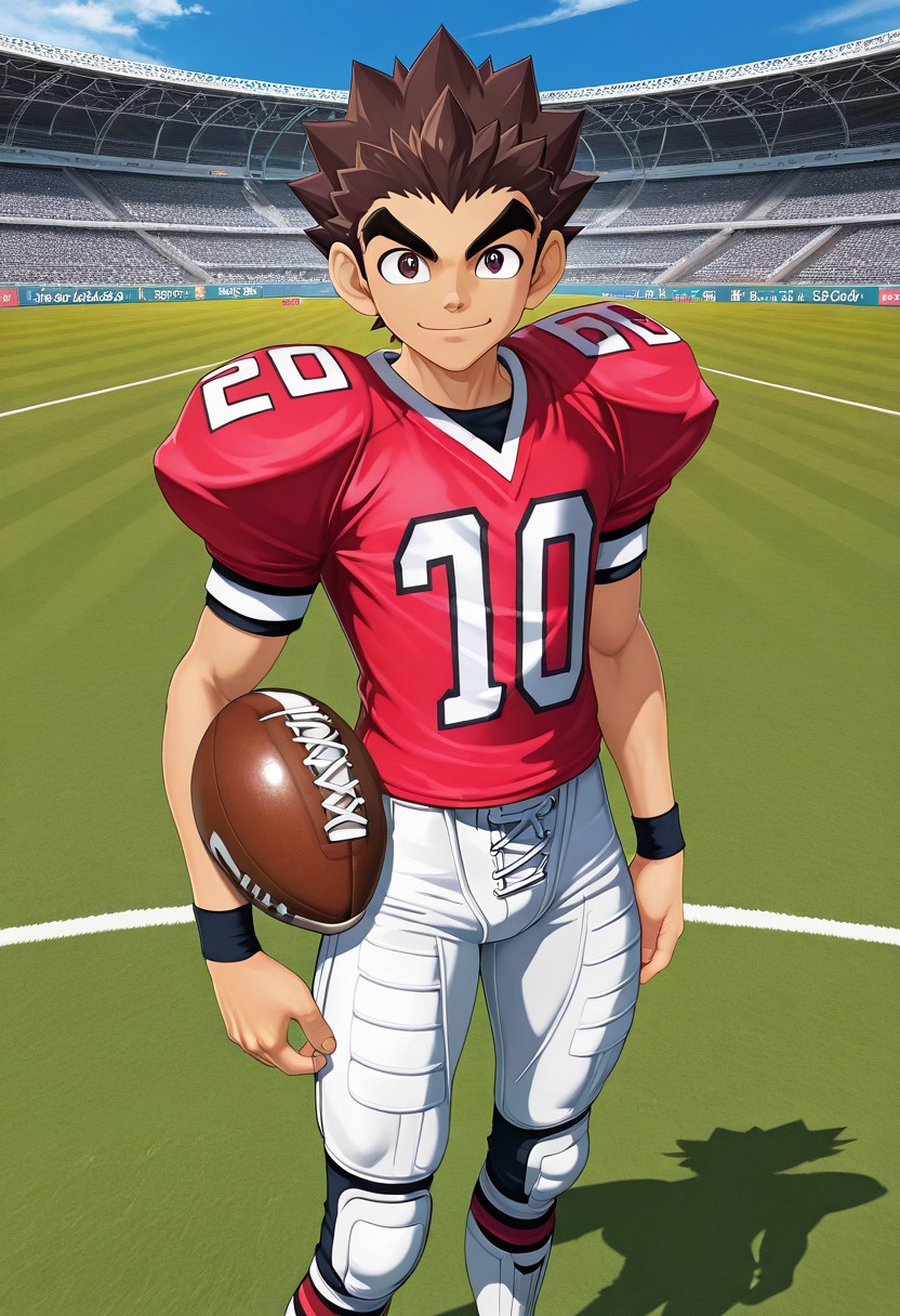 PVC figure, 3d, realist PVC, official art, male, High Quality, perfect anatomy, HD, anime style, break
TAROU RAIMON, 1boy, alone, brown hair, big human ears, thick eyebrows, dark brown eyes, athletic build, smiling, posing, looking at viewer, football uniform, tight uniform, red and white uniform, football field