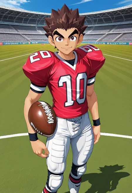 PVC figure, 3d, realist PVC, official art, male, High Quality, perfect anatomy, HD, anime style, break
TAROU RAIMON, 1boy, alone, brown hair, big human ears, thick eyebrows, dark brown eyes, athletic build, smiling, posing, looking at viewer, football uniform, tight uniform, red and white uniform, football field