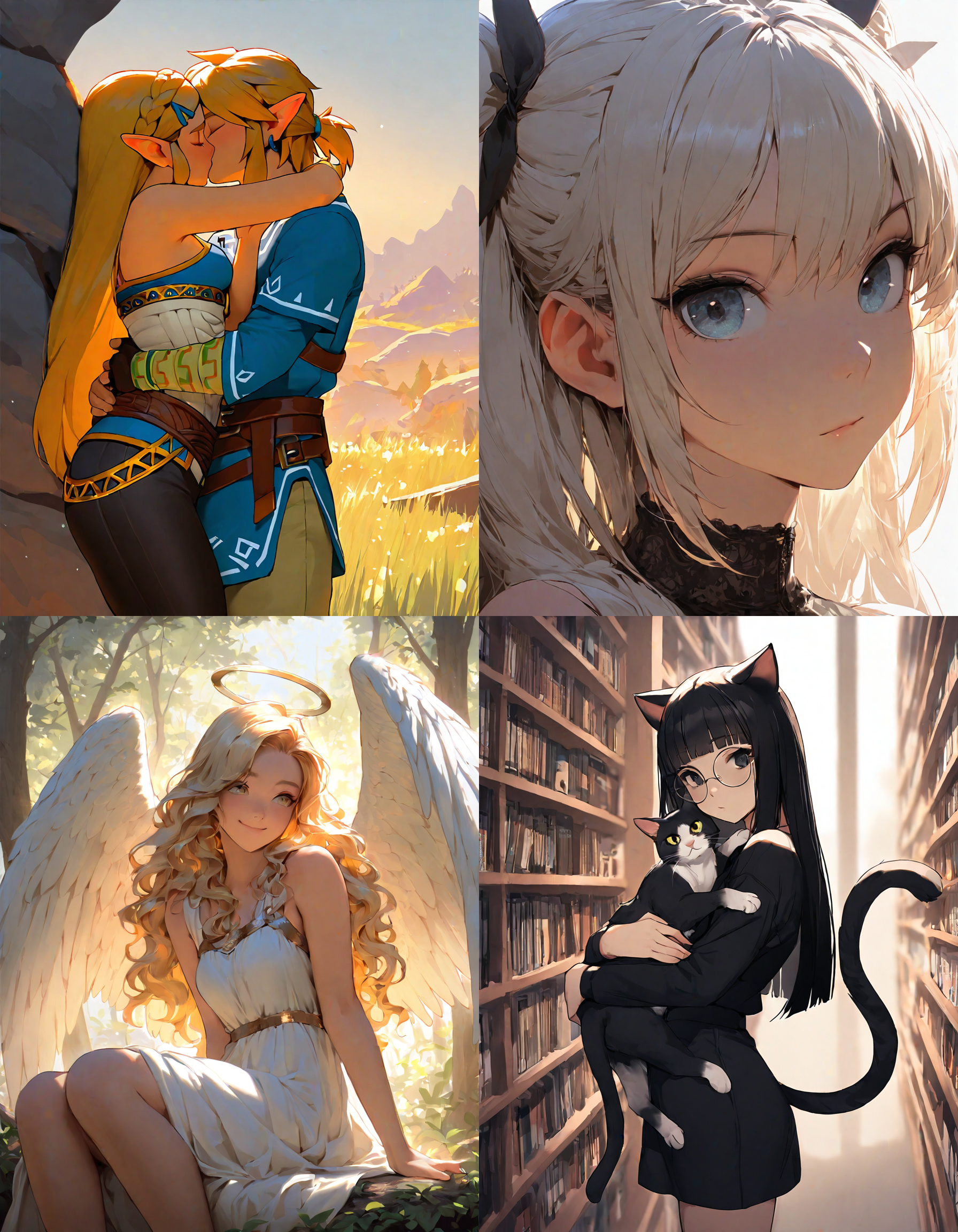https://civitai.com/articles/8642 __ 1st image: masterpiece, best quality, 1girl, 1boy, princess zelda, the legend of zelda: breath of the wild, standing, kiss, hug, closed eyes, outdoors __ 2nd image: masterpiece, best quality, 1girl, face, portrait, looking at viewer, closed mouth __ 3rd image: masterpiece, best quality, 1girl, solo, blonde hair, wavy hair, angel, angel wings, halo, smile, sitting, forest, white dress __ 4th Image: masterpiece, best quality, 1girl, solo, long hair, black hair, blunt bangs, straight hair, round eyewear, cat girl, cat ears, cat tail, standing, hug, cat, looking at viewer, library