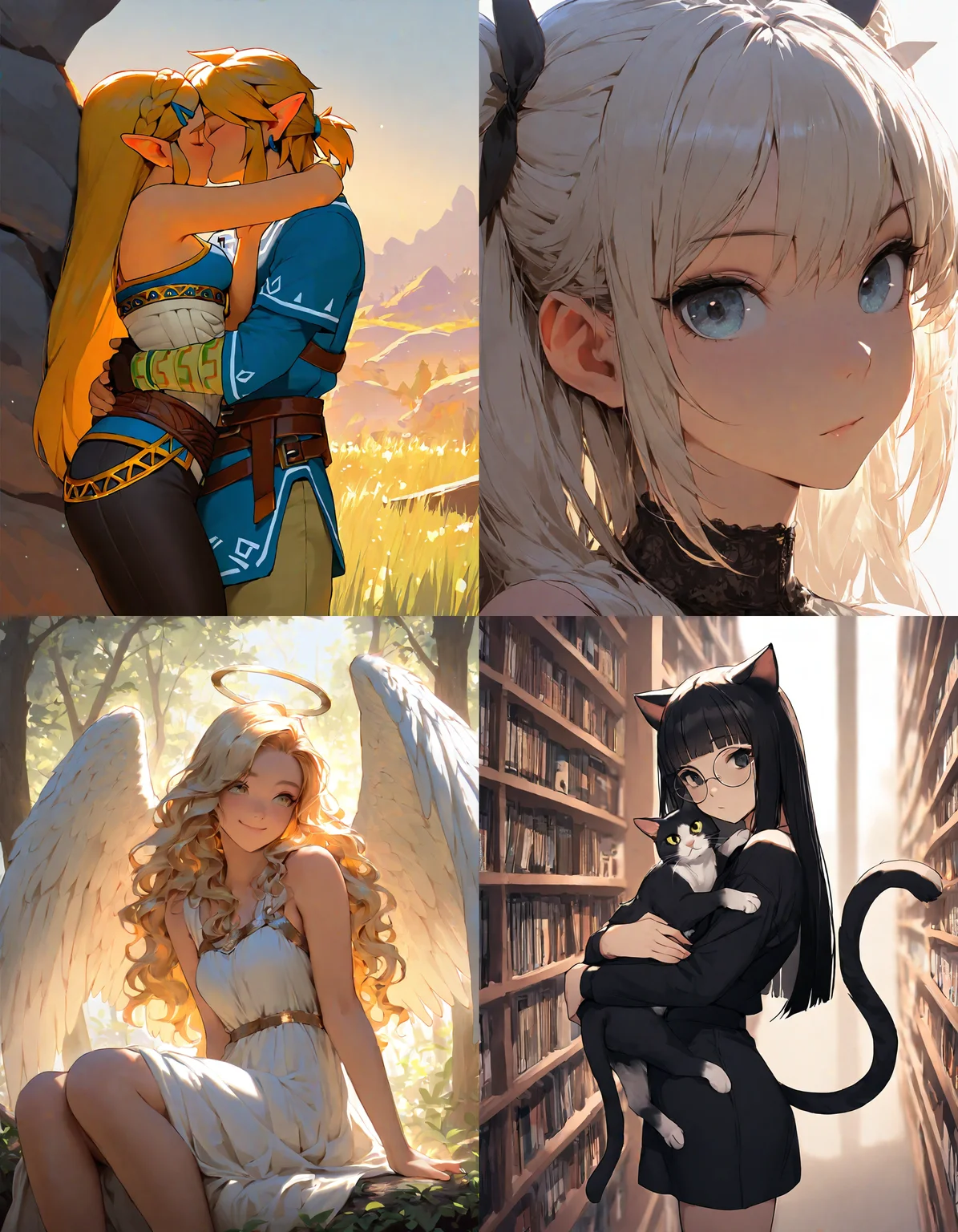 https://civitai.com/articles/8642 __ 1st image: masterpiece, best quality, 1girl, 1boy, princess zelda, the legend of zelda: breath of the wild, standing, kiss, hug, closed eyes, outdoors __ 2nd image: masterpiece, best quality, 1girl, face, portrait, looking at viewer, closed mouth __ 3rd image: masterpiece, best quality, 1girl, solo, blonde hair, wavy hair, angel, angel wings, halo, smile, sitting, forest, white dress __ 4th Image: masterpiece, best quality, 1girl, solo, long hair, black hair, blunt bangs, straight hair, round eyewear, cat girl, cat ears, cat tail, standing, hug, cat, looking at viewer, library