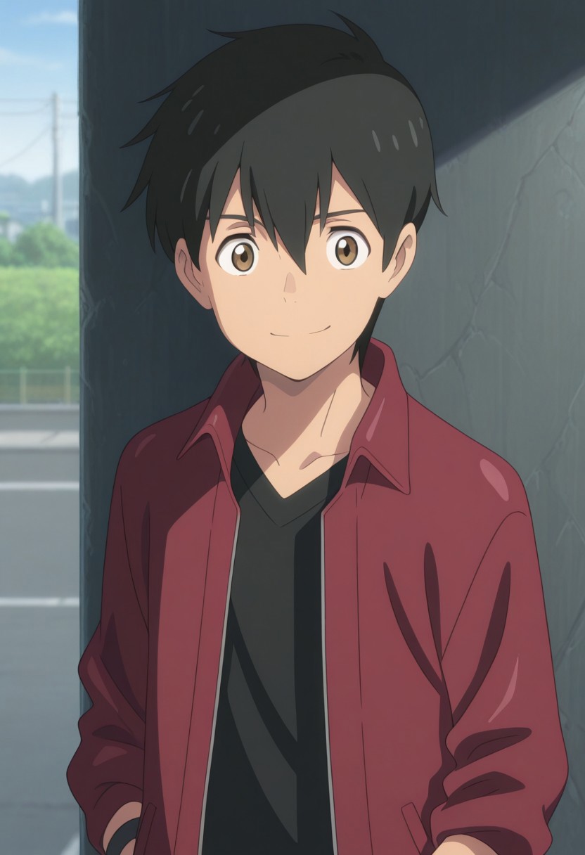 masterpiece,best quality,amazing quality, source_anime,
HodakaMorishima, 1boy, male focus, solo, brown eyes, black hair, hair between eyes, shirt, black shirt, jacket, red jacket, open jacket, smile, outdoor