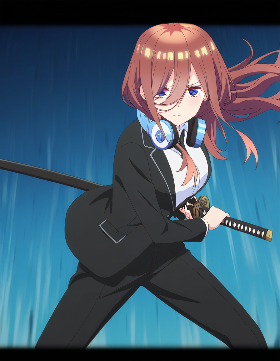 masterpiece, best quality, newest, absurdres, highres, safe,, <lora:miku-nakano-s2-ponyxl-lora-nochekaiser:1>, miku nakano, long hair, bangs, blue eyes, brown hair, hair between eyes, headphones, headphones around neck, large breasts, anime screencap, <lora:battoujutsu-stance-illustriousxl-lora-nochekaiser:1>, battoujutsu stance, looking at viewer, holding, weapon, sword, holding weapon, holding sword, standing, katana, sheath, sheathed, fighting stance, ready to draw, shirt, long sleeves, jacket, white shirt, necktie, collared shirt, pants, black jacket, floating hair, black pants, formal, suit, black necktie, black suit, pant suit,, ,
