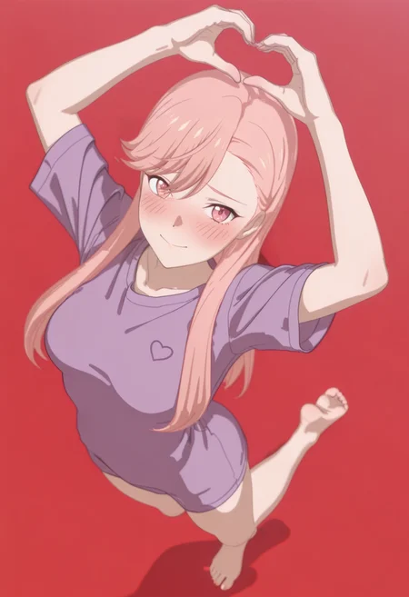 very awa, masterpiece, best quality, year 2024, newest, highres, absurdres,
red background, gradient background, very aesthetic, detailed background, full body,
1girl, solo,
<lora:Milo_r1:1> rmilo, 3d, long hair, pink hair, pink eyes, swept bangs, asymmetrical bangs, hair behind ear, medium breasts, oversized shirt, purple shirt, detailed face, smile, looking at viewer, arms up,
<lora:anatomy_helper:1>, jumping, barefoot, from above, <lora:lora-add:0.5> toes, nailtoes, heart hands, heart \(symbol\), smile, (blush:2),