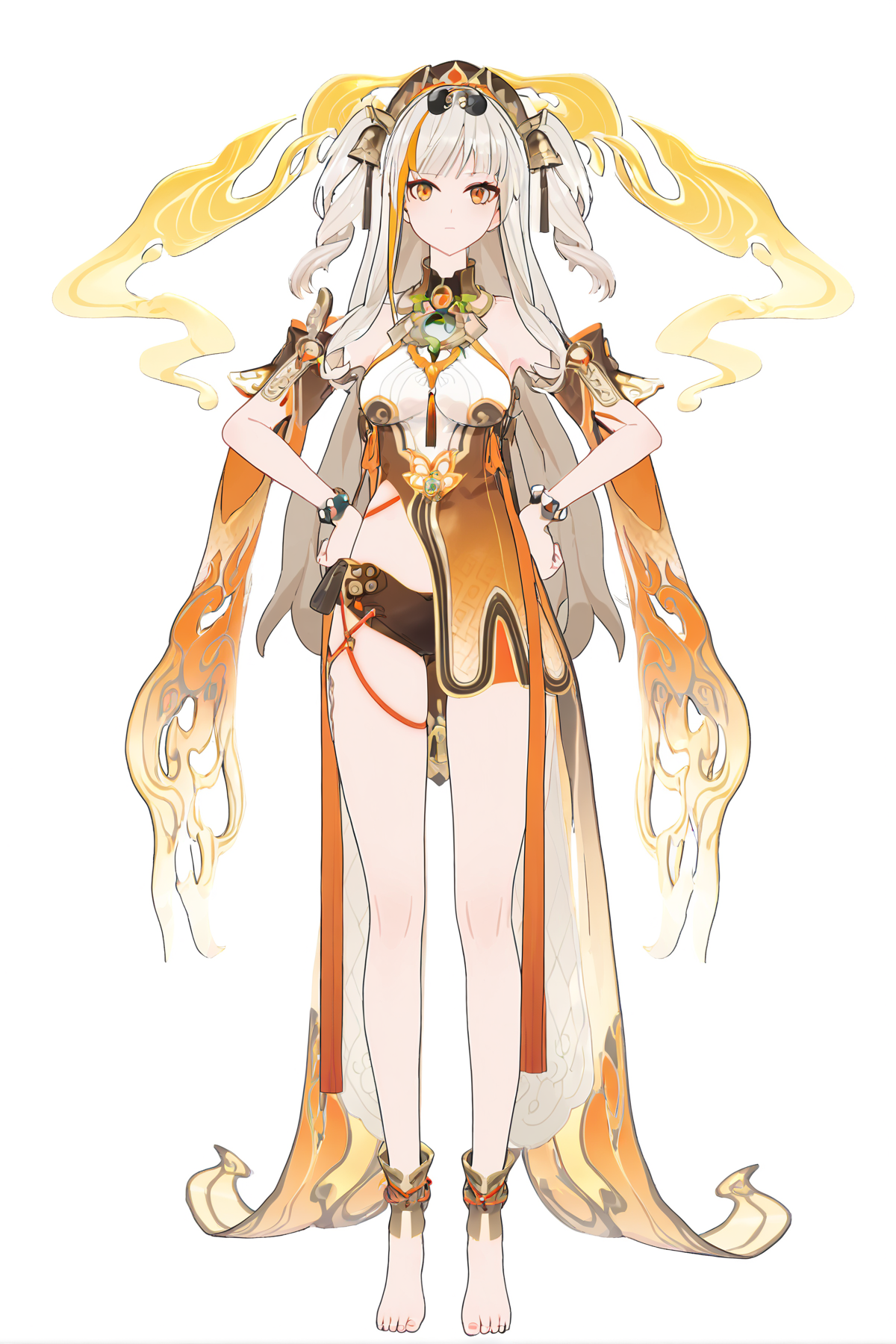 score_9, score_8_up, score_7_up, score_anime, 8k, best quality, masterpiece, (ultra-detailed), (white background:1.1), solo, hands on hip, (full body:1.1), 
<lora:songque-pony-Tanger:0.8>, songque, 2nd clothes, shen2, golden clothes, 1girl, long hair, jewelry, barefoot, two side up, multicolored hair,