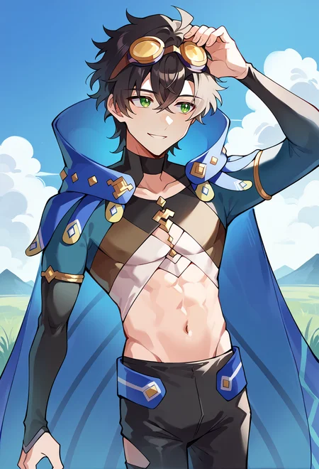 score_9, score_7_up, source_anime, BREAK  <lora:SageOutfitFE17-pdxl:1> fe17sage, crop top, long sleeves, midriff, black pants, clothing cutout, cape, asymmetrical legwear, high collar, field, blue sky, looking away, smile, blue cape, hand on own head,, solo, smile, 1boy, green eyes, short hair, black hair, bangs, hair between eyes, messy hair, (goggles on head:1.2),